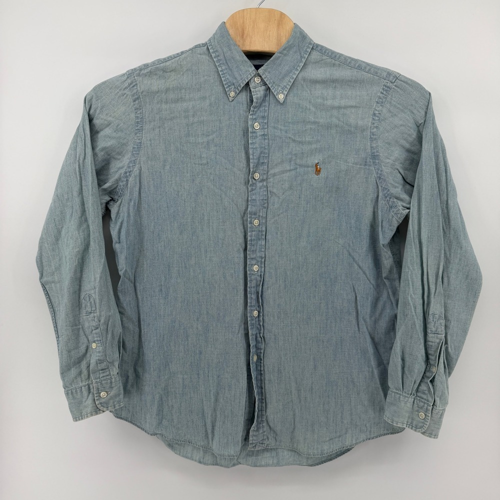 Ralph Lauren Button Down Mens Large Light Blue Chambray Denim Long Sleeve Shirt - Picture 2 of 10